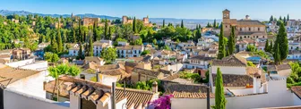 Panoramic sight of the Alhambra Palace and the Albaicin district in Granada. Andalusia, Spain.